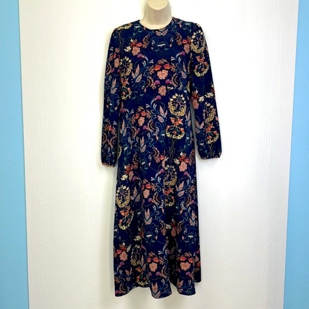 I.Madeline - Navy Garden Splendor Floral Midi Long Sleeve Dress Size Medium - Picture 2 of 12